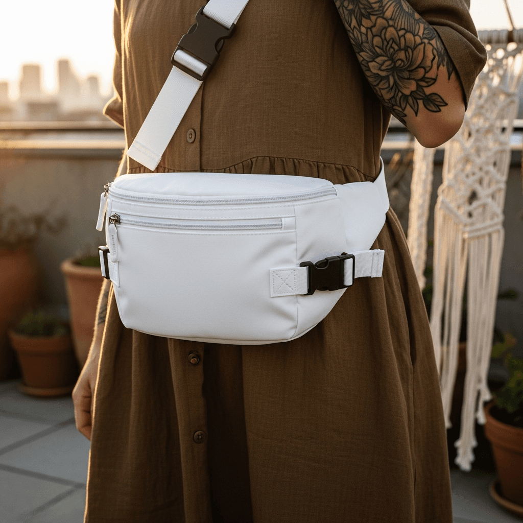 White Fanny Pack Mockup – Bohemian Rooftop Style