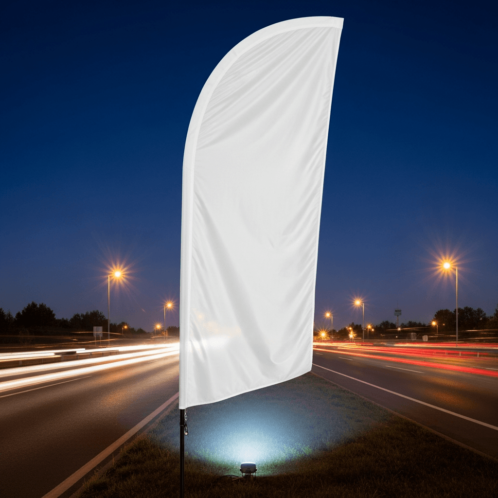 White Feather Flag Mockup - Highway Night Scene