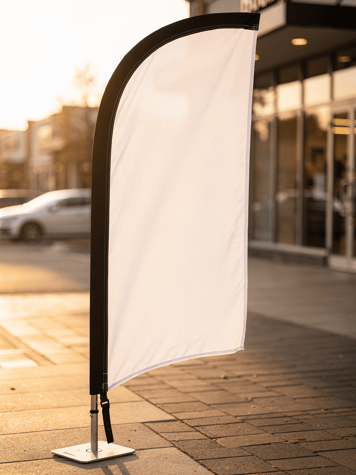 White Polyester Feather Flag Mockup - Retail Exterior