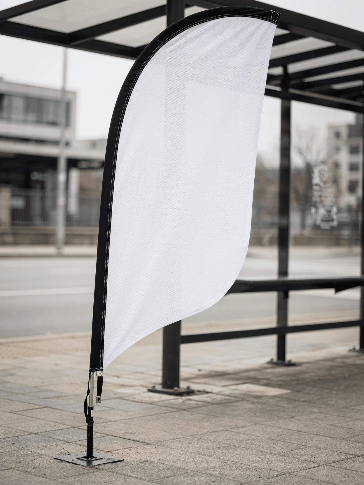 White Polyester Feather Flag Mockup - Bus Stop