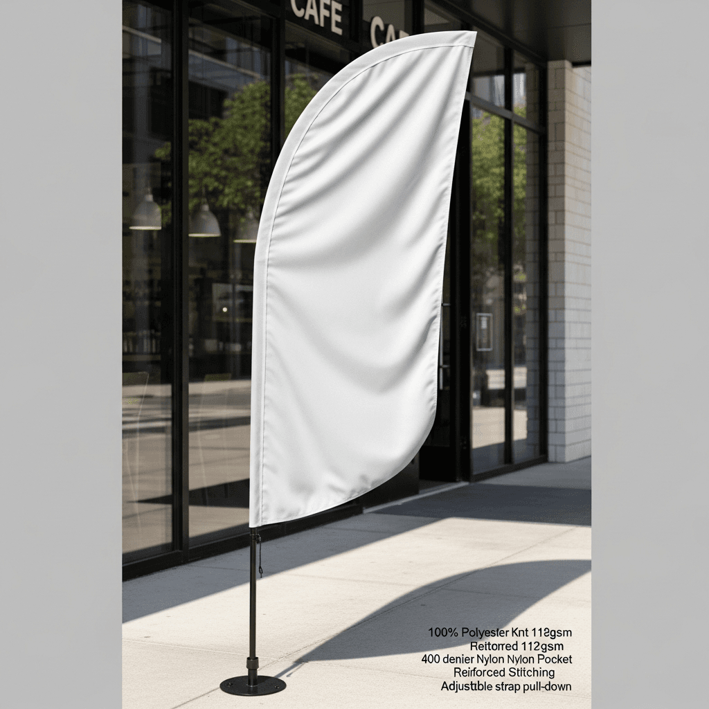 White Polyester Feather Flag Mockup - Cafe Setting
