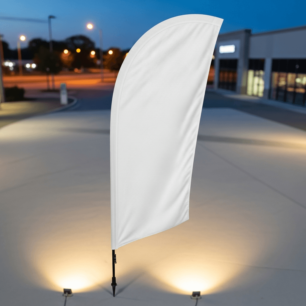 White Feather Flag Mockup - Night Scene, 6 Angles