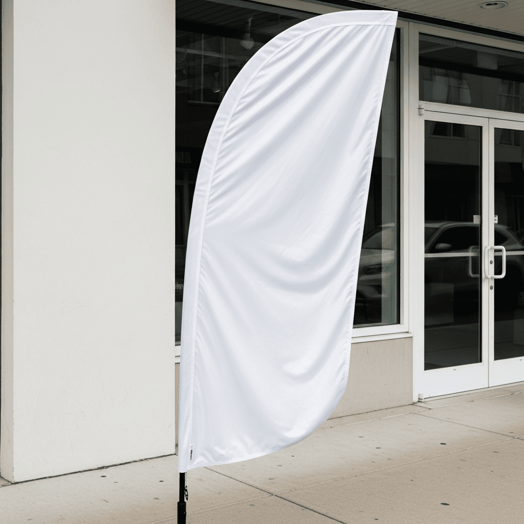 White Vinyl Feather Flag Mockup - Urban Storefront