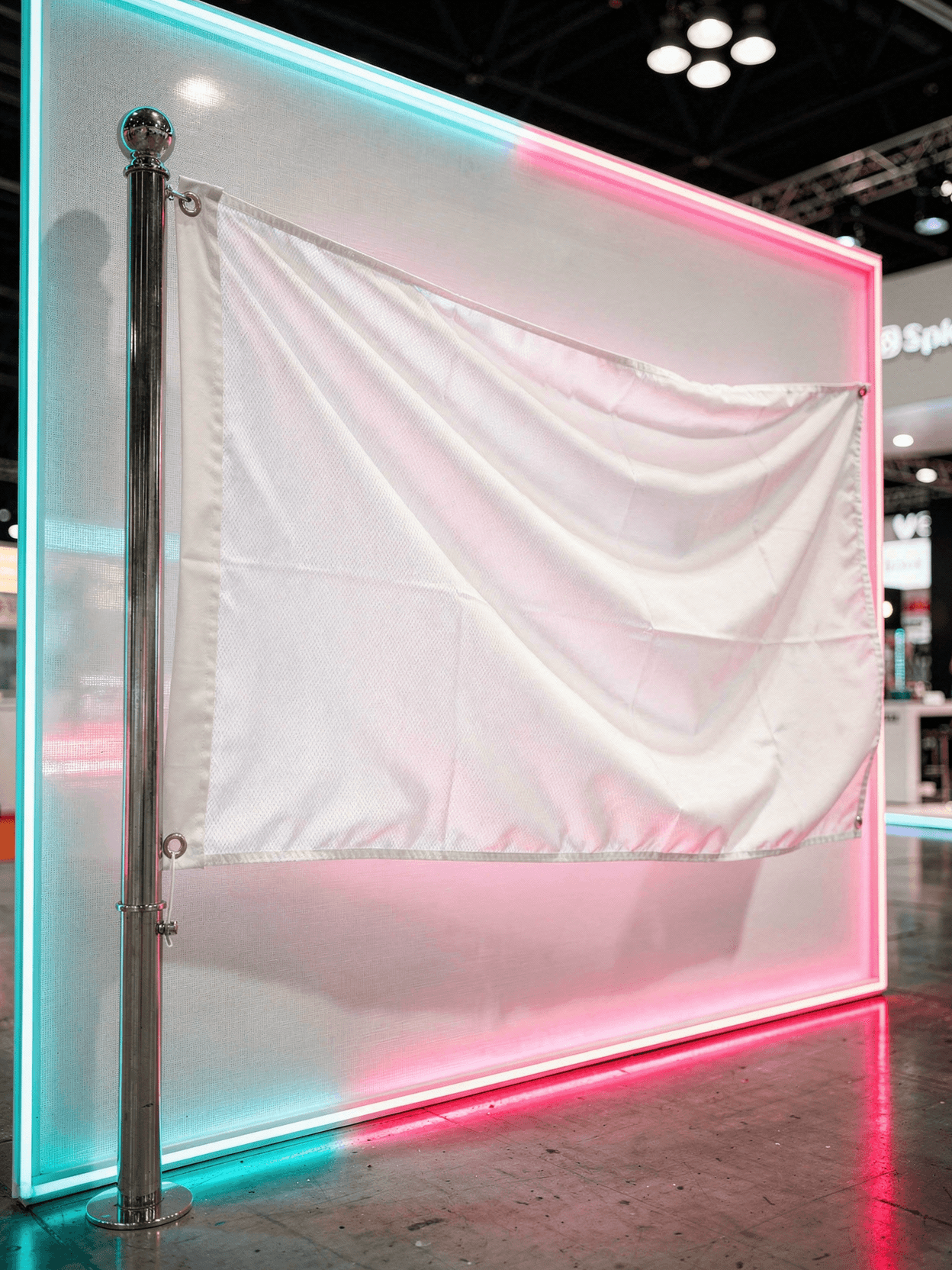 White Polyester Flag Mockup - Trade Show Booth: Low Angle Pole Mount