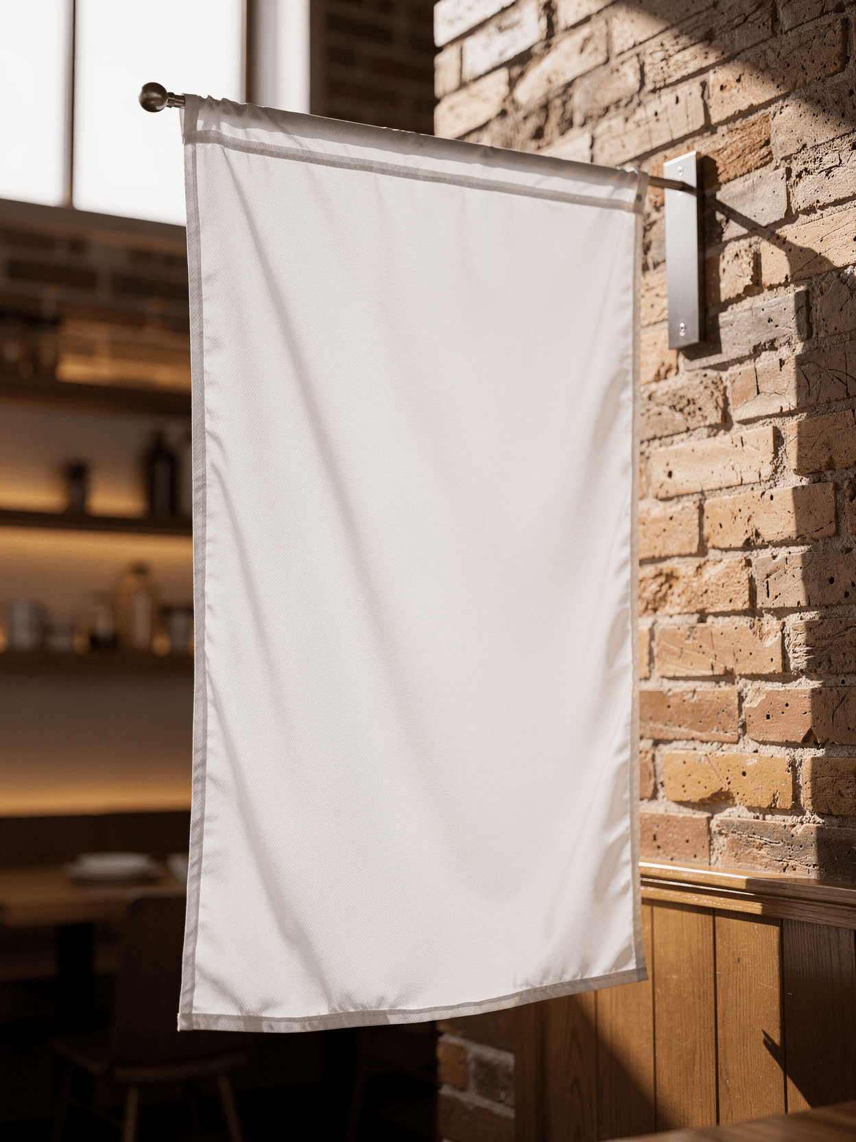 White Polyester Flag Mockup - Restaurant Interior