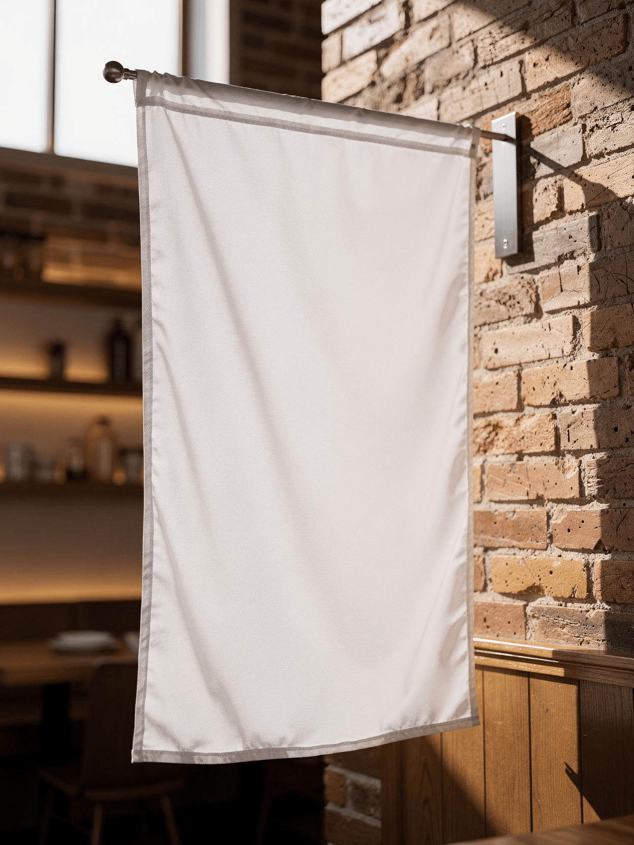 White Polyester Flag Mockup - Restaurant Interior