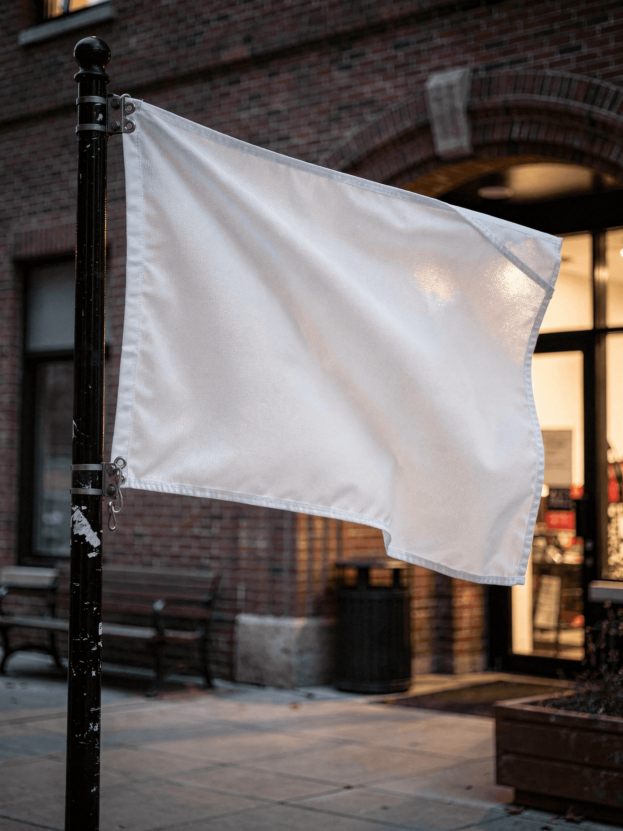 White Polyester Flag Mockup - Urban Street Pole: Low Angle Pole Mount