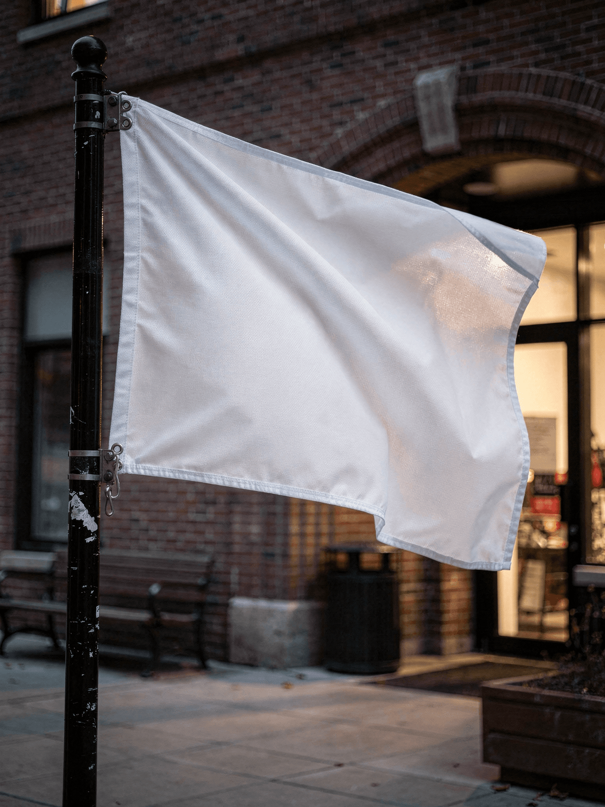 White Polyester Flag Mockup - Urban Street Pole — Fabric Texture Close-Up