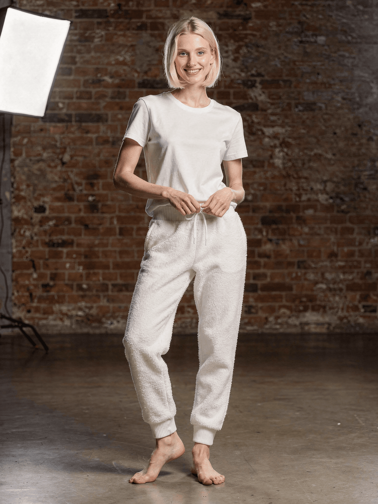 White Cotton Blend Joggers Mockup on Female Model — Front Straight View
