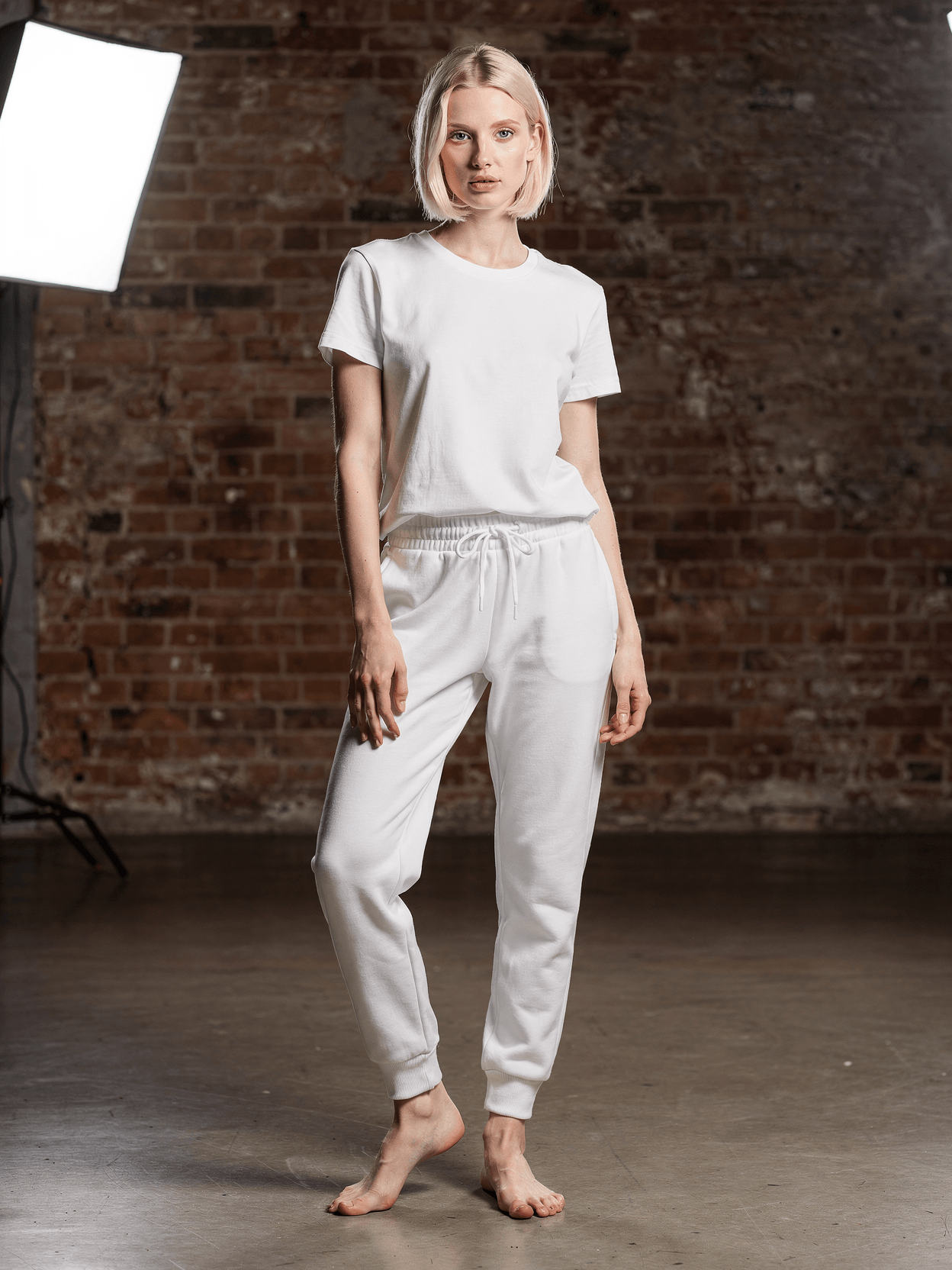 White Cotton Blend Joggers Mockup on Female Model