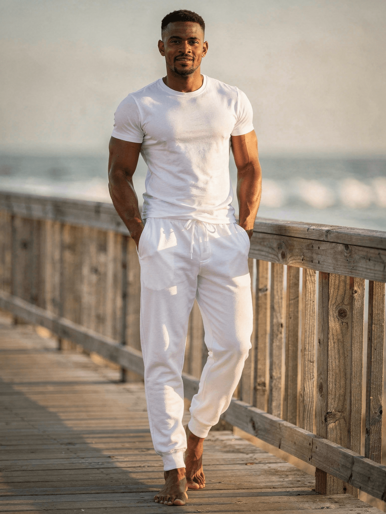 White Organic Cotton Joggers Mockup on Male Model — Front Straight View