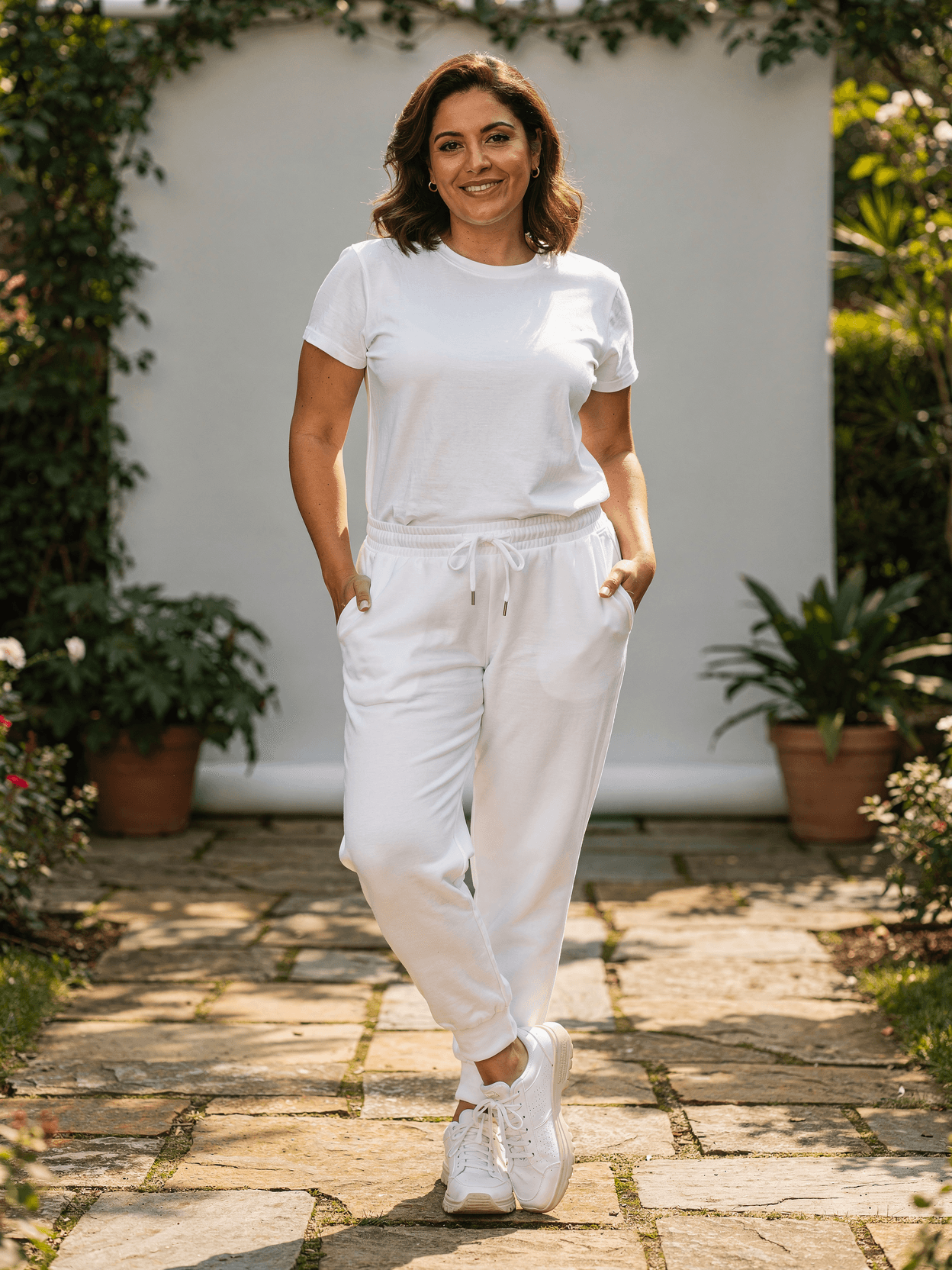 White Polyester Joggers Mockup on Female Model
