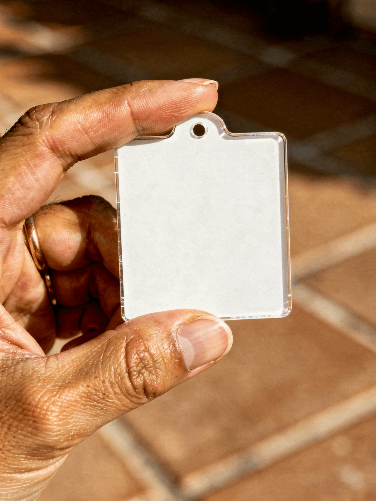 White Acrylic Rectangle Keychain Mockup - 6 Angles — Hand Holding Detail