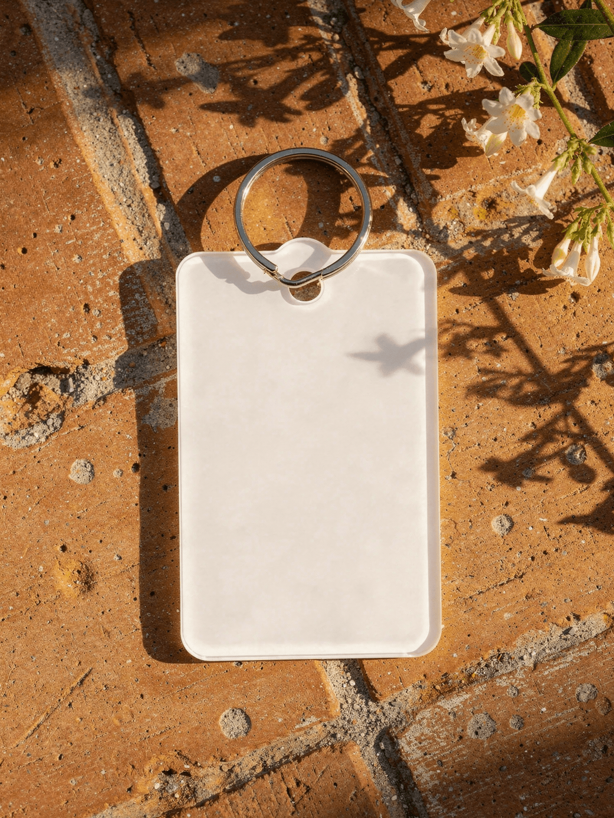 White Polycarbonate Rectangle Keychain Mockup — Hanging In-Use Position
