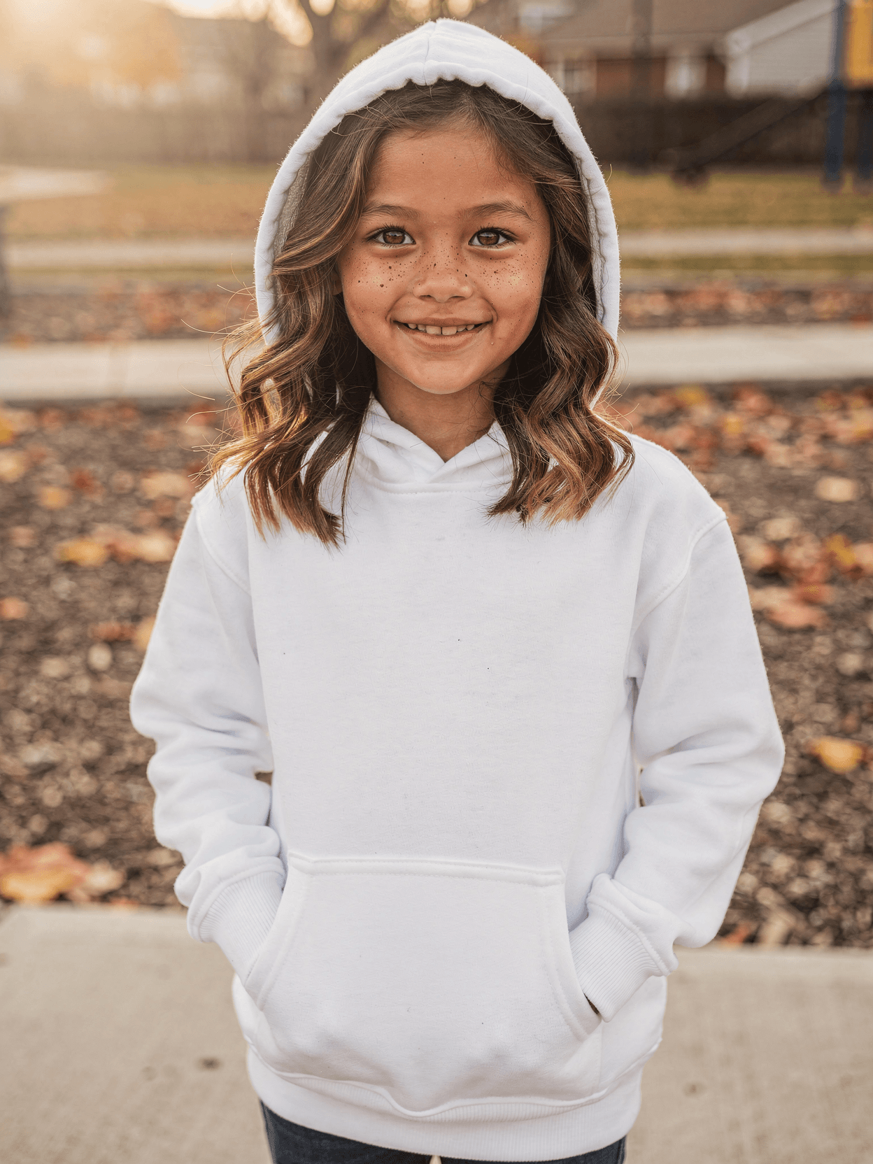 White Kids Hoodie Mockup on Girl Model - Outdoor