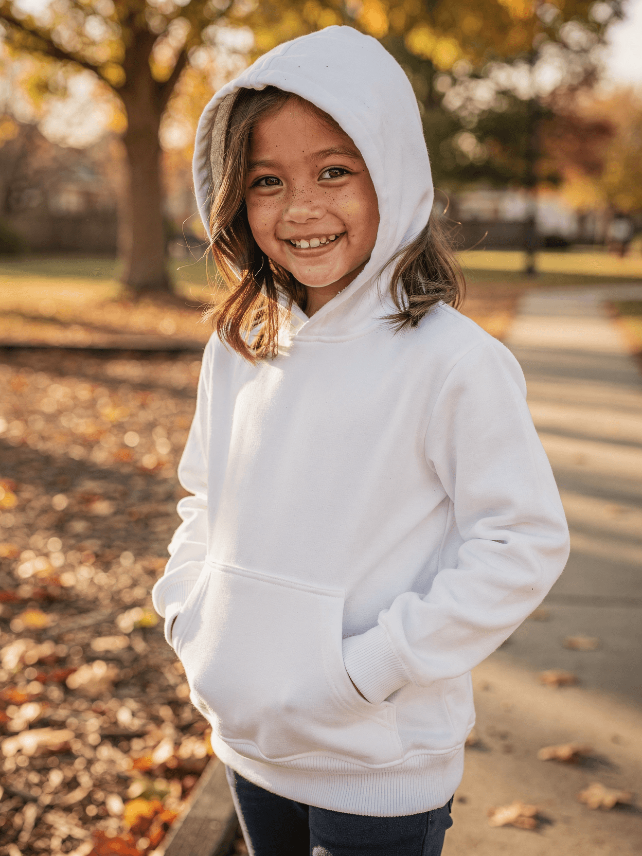 White Tri-Blend Kids Hoodie Mockup on Girl Model