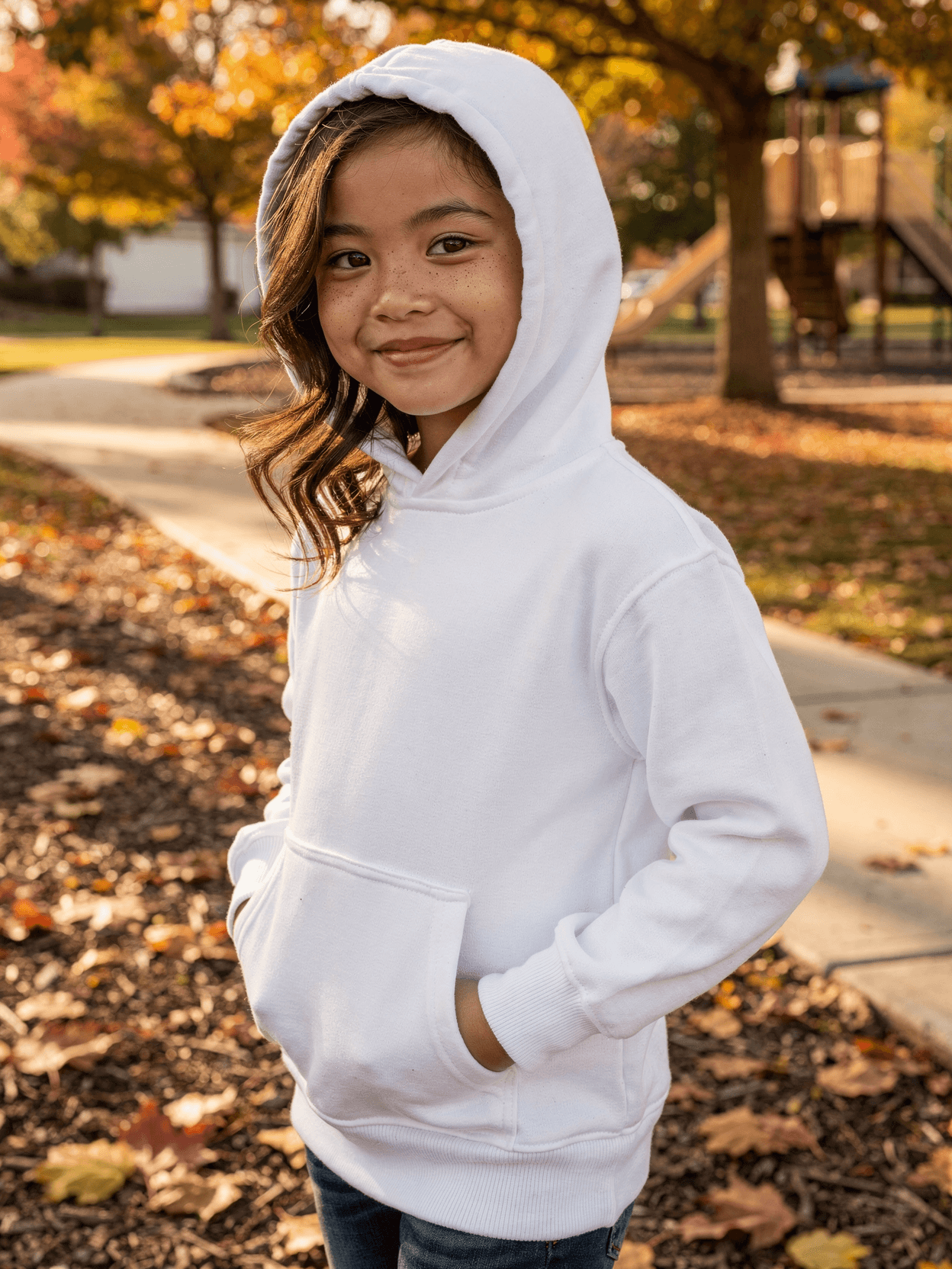 White Kids Pullover Hoodie Mockup on Girl Model