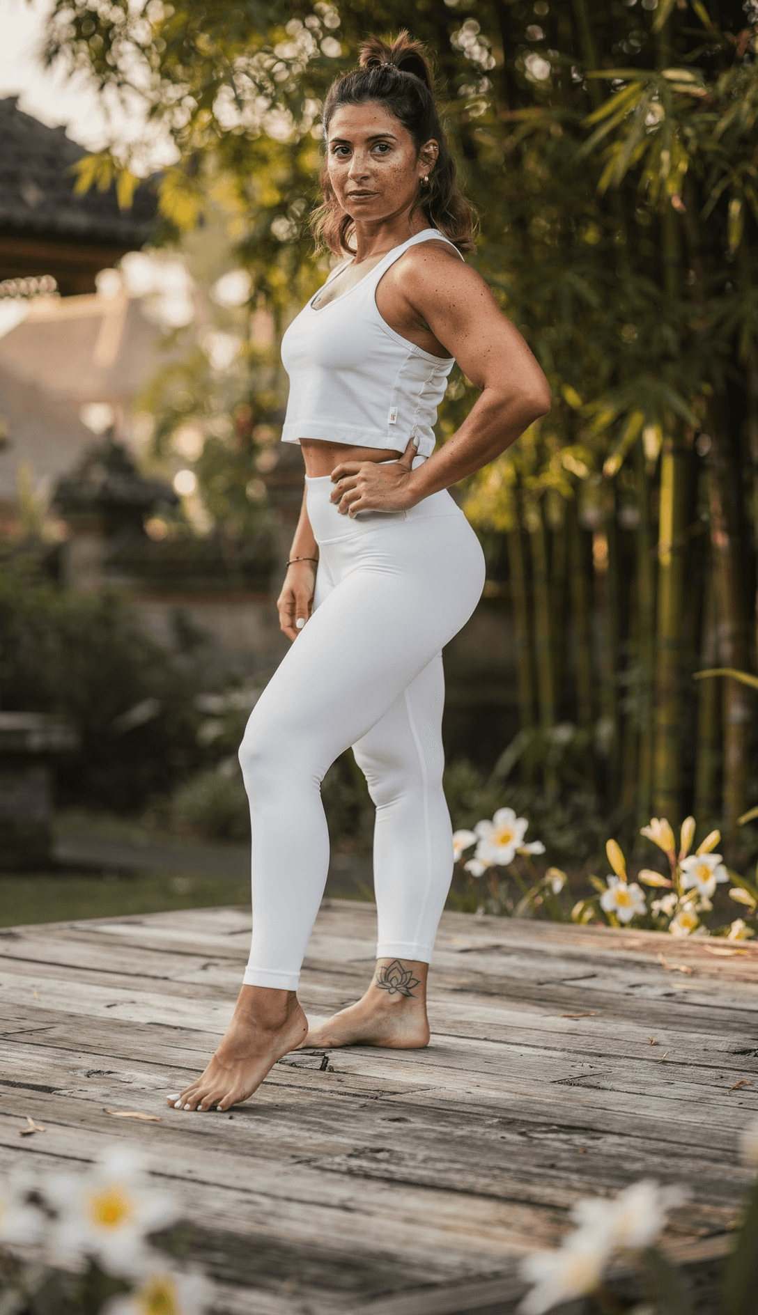 White Organic Cotton Leggings Mockup on Female Model — Three-Quarter Side Profile