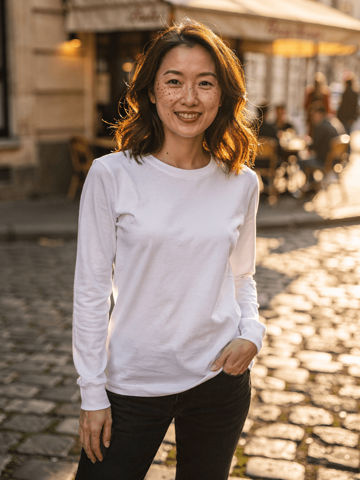 White Long Sleeve Tee Mockup on Female Model