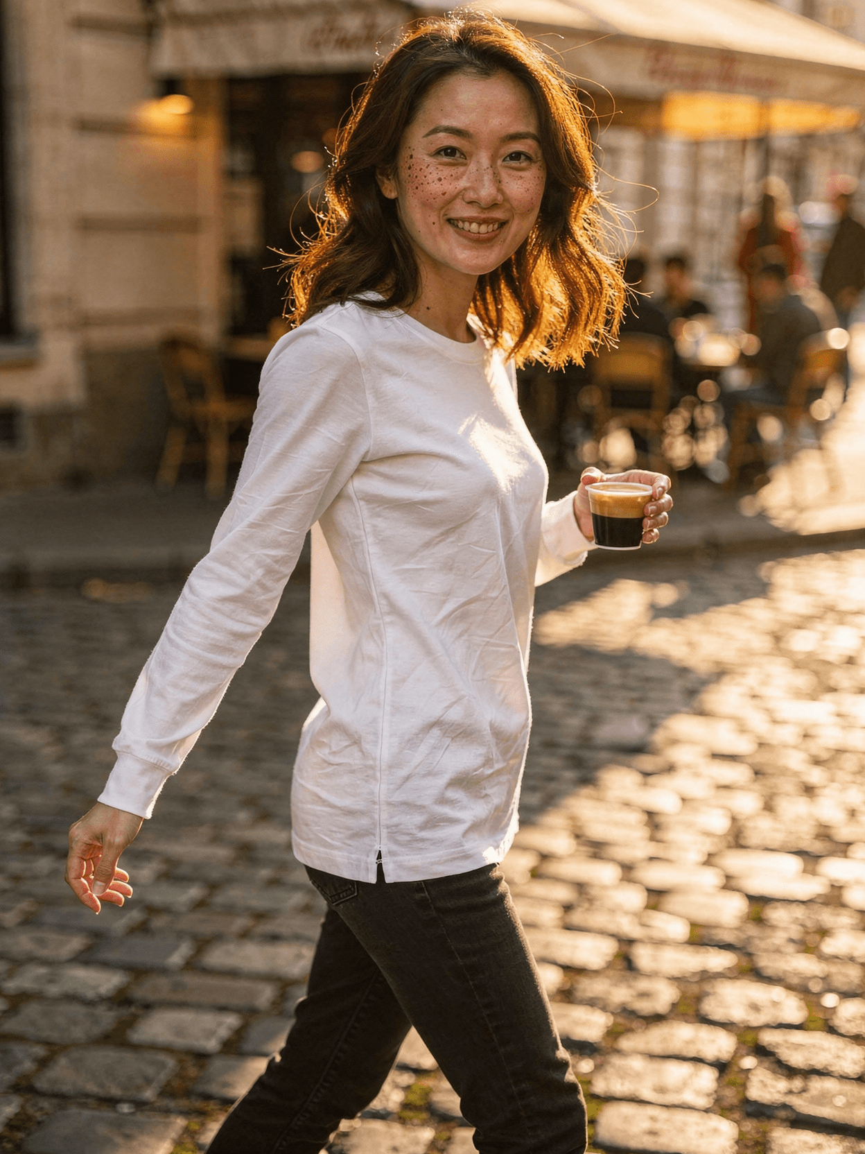 White Long Sleeve Tee Mockup on Female Model — Lifestyle Casual