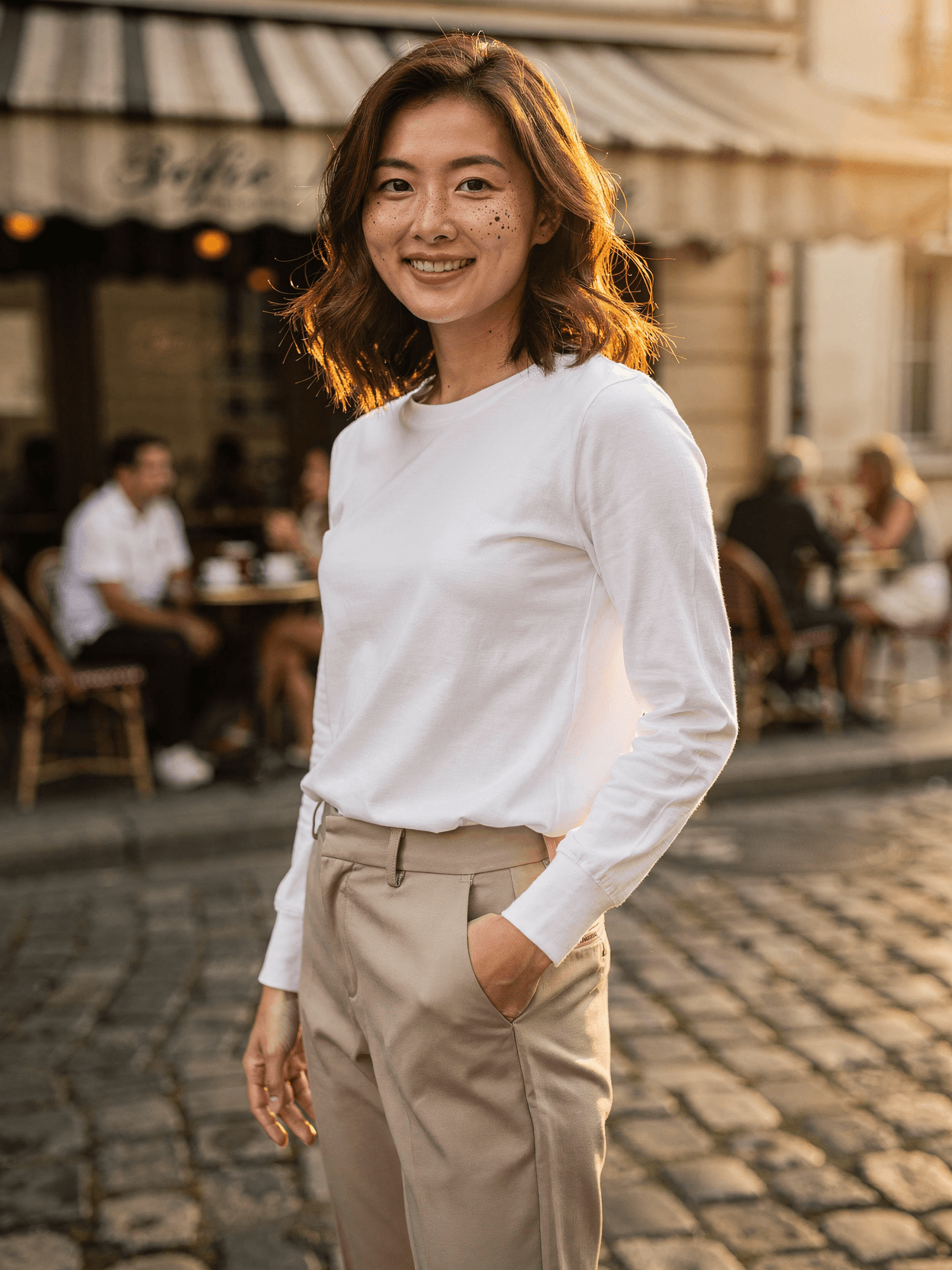 White Long Sleeve Tee Mockup on Female Model — Front Hero Shot