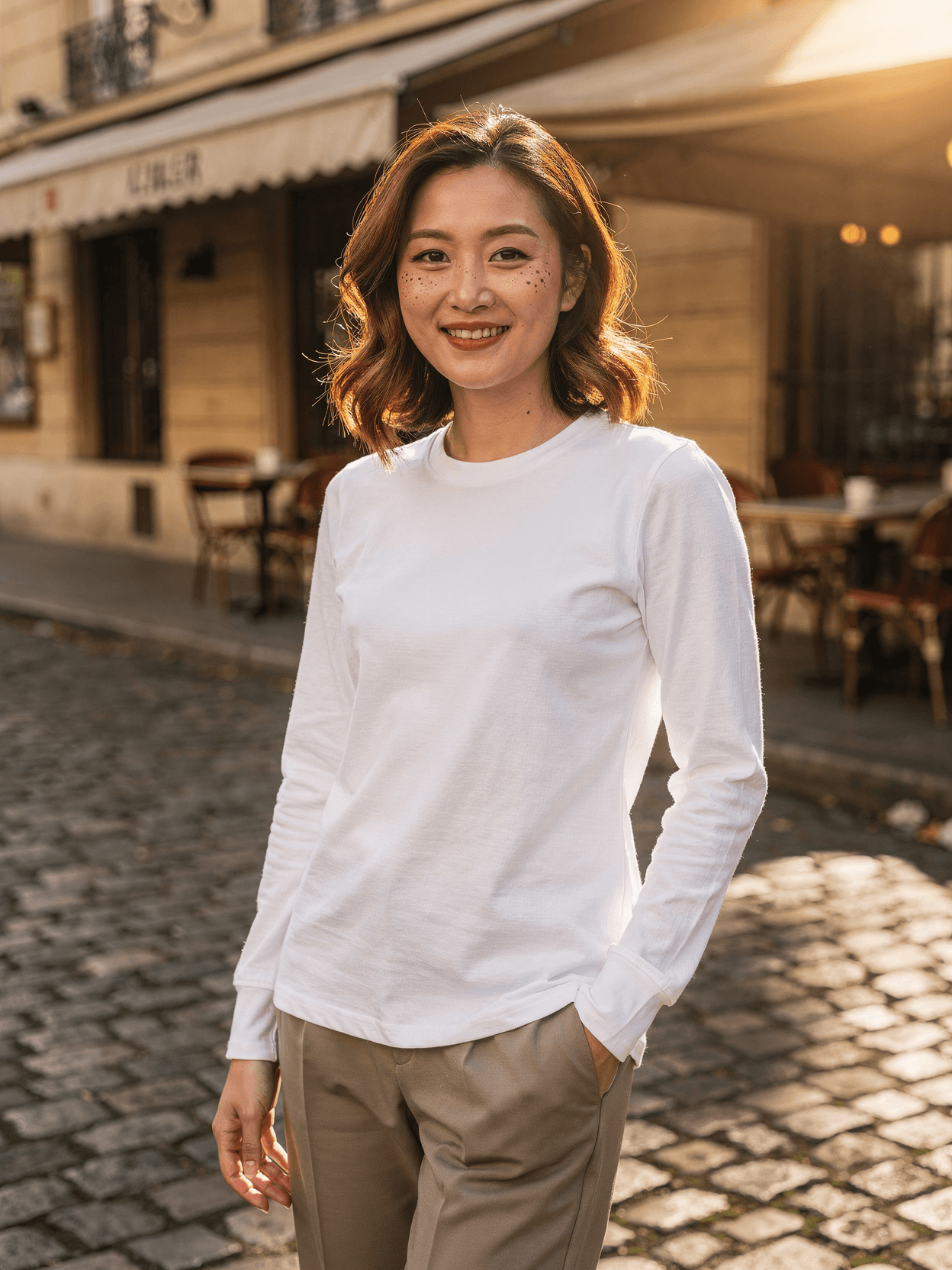 White Long Sleeve Tee Mockup on Female Model — Front Hero Shot