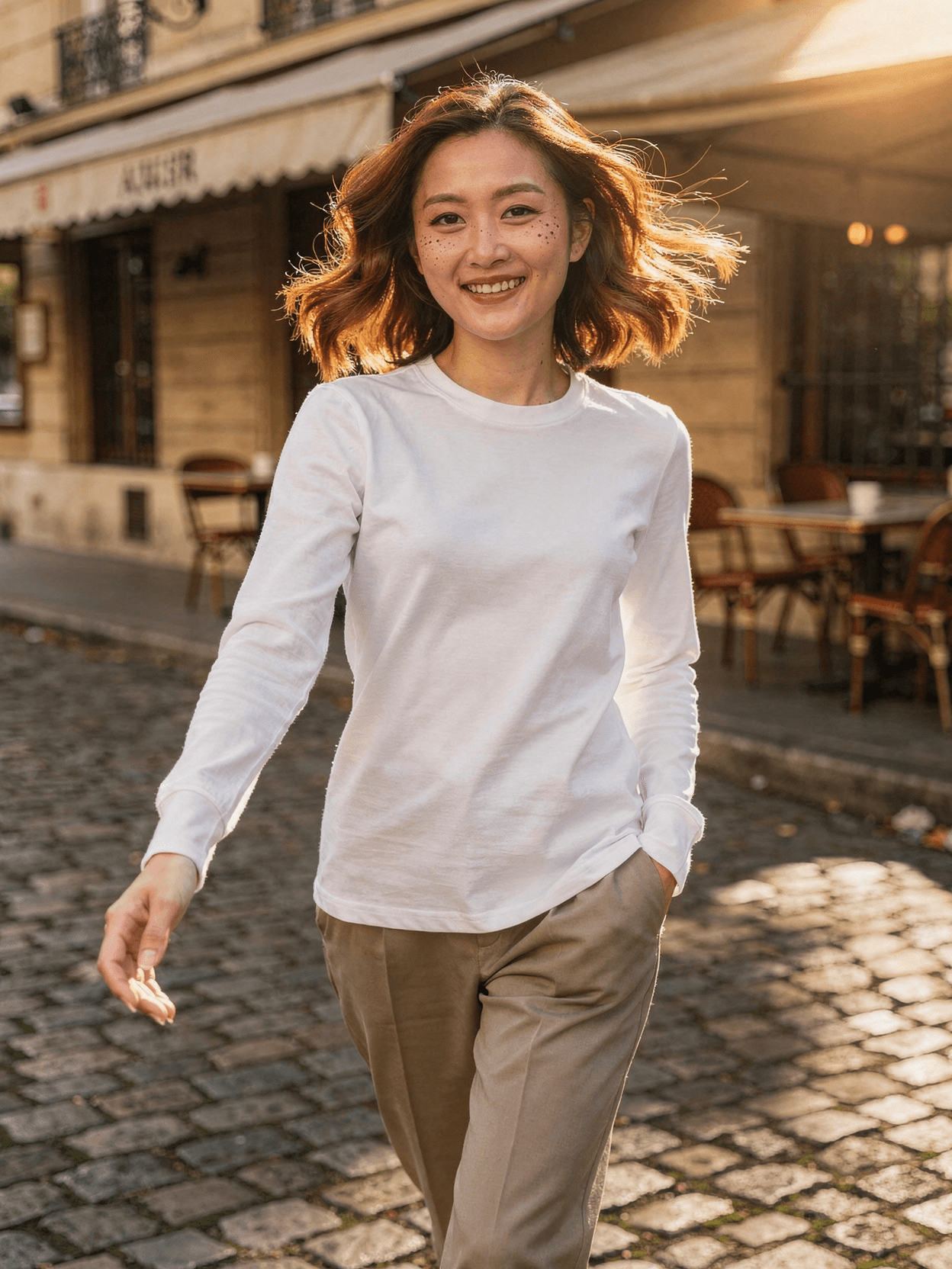 White Long Sleeve Tee Mockup on Female Model — Lifestyle Casual