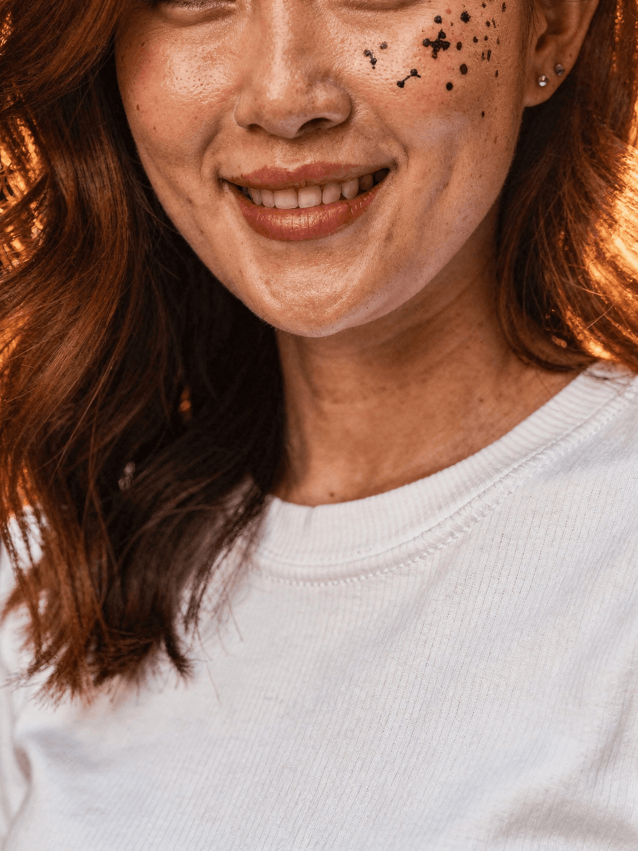 White Tri-Blend Long Sleeve Tee Mockup on Female Model — Collar & Neckline Detail