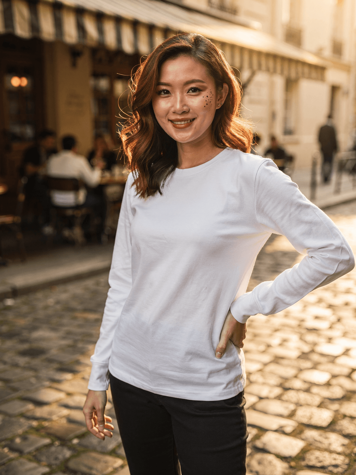 White Tri-Blend Long Sleeve Tee Mockup on Female Model