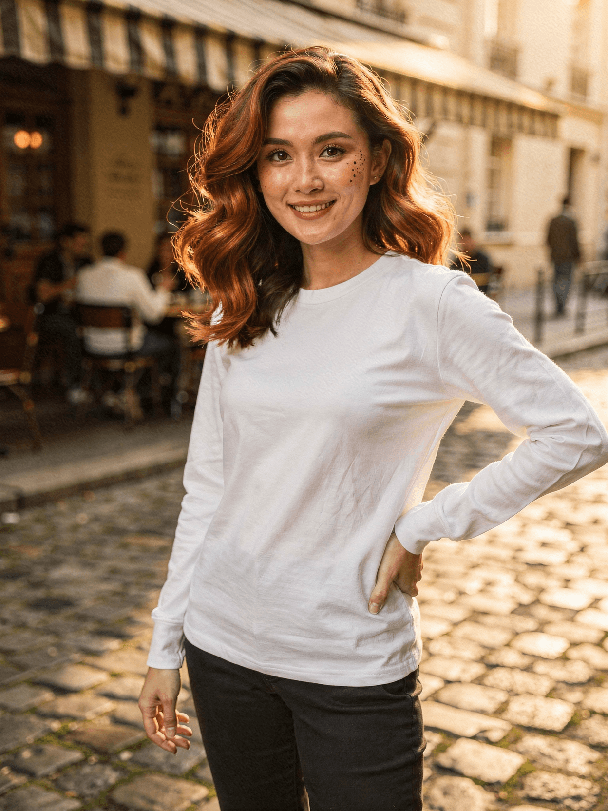 White Tri-Blend Long Sleeve Tee Mockup on Female Model — Sleeve & Cuff Detail