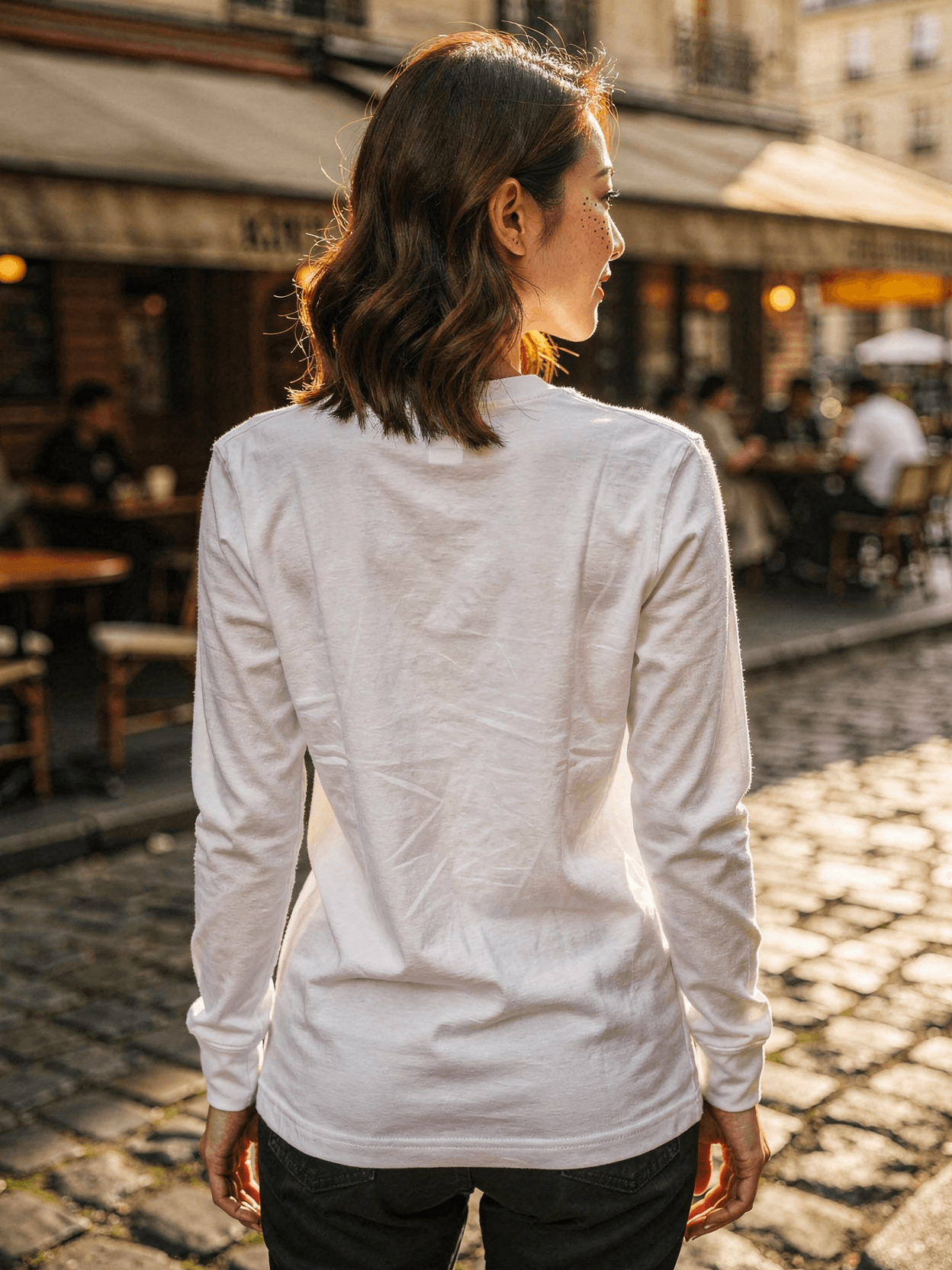 White Long Sleeve Tee Mockup on Female Model — Back View