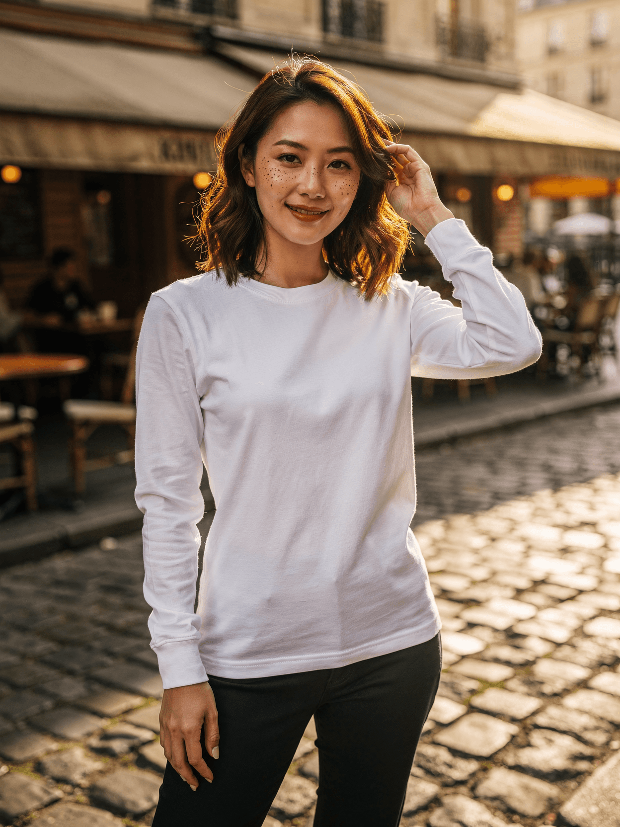 White Long Sleeve Tee Mockup on Female Model