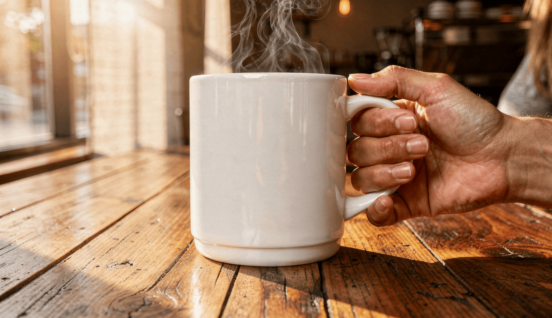 White Ceramic Magic Mug Mockup - Café Setting — Lifestyle In-Hand Shot