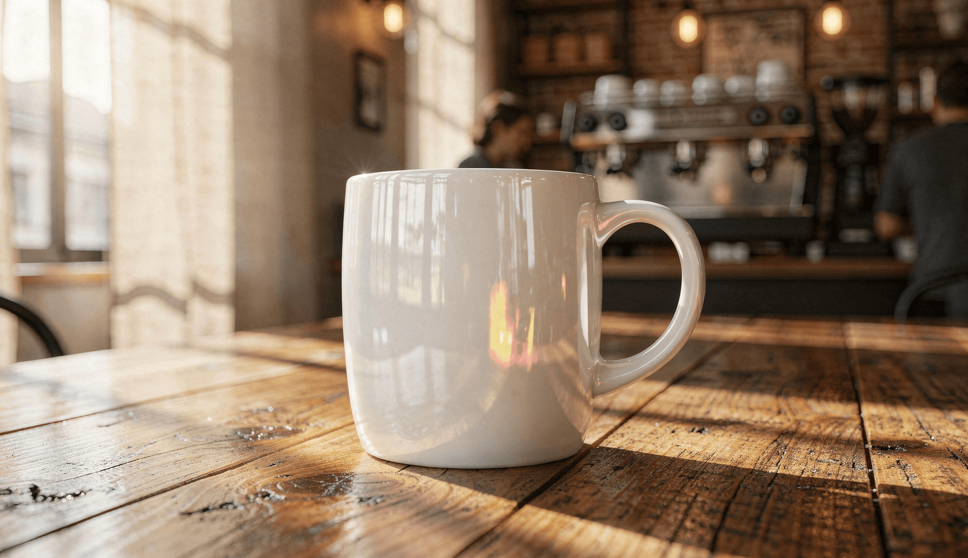 White Ceramic Magic Mug Mockup - Café Setting — Straight-On Front View