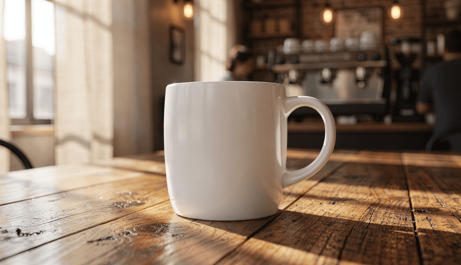 White Ceramic Magic Mug Mockup - Café Setting — Hero Three-Quarter View