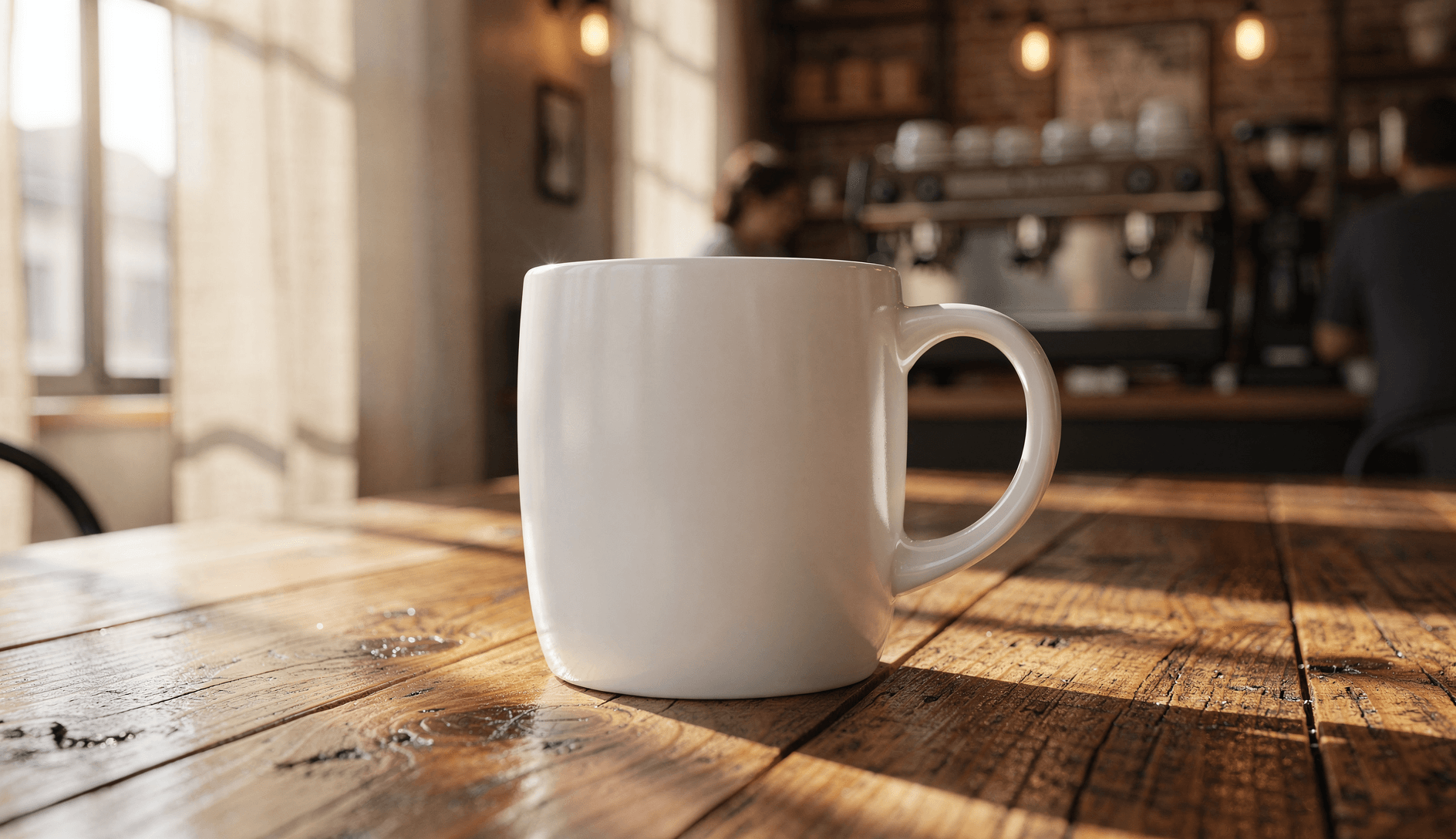 White Ceramic Magic Mug Mockup - Café Setting