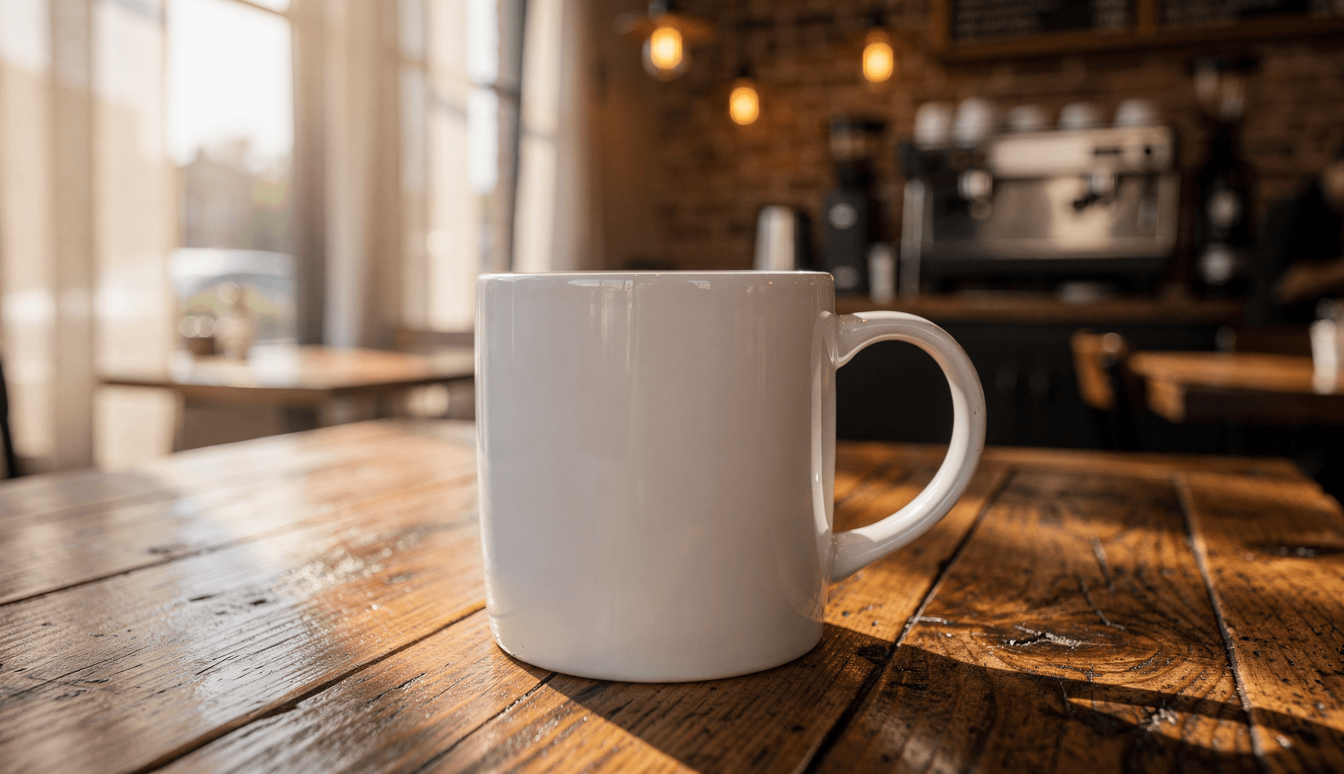 White Ceramic Magic Mug Mockup - Café Setting