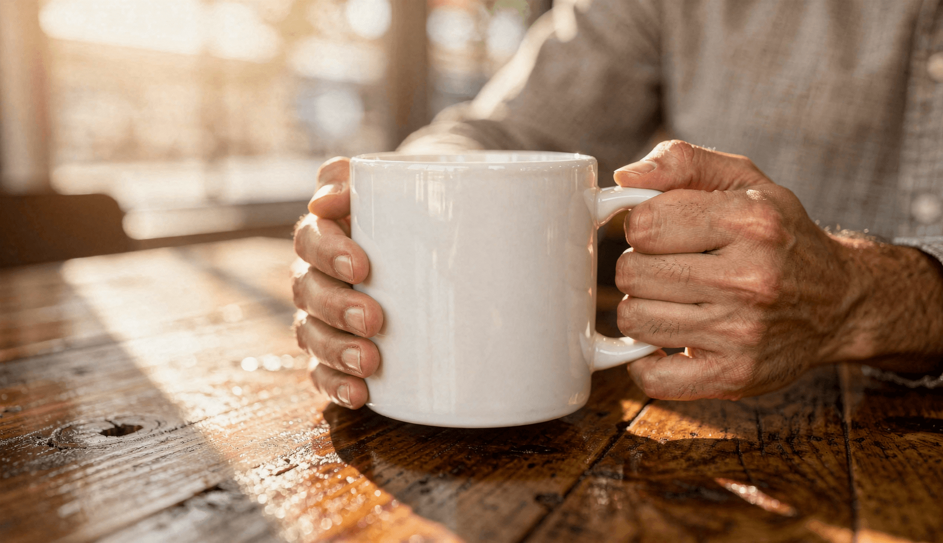 White Ceramic Magic Mug Mockup - Café Setting — Lifestyle In-Hand Shot