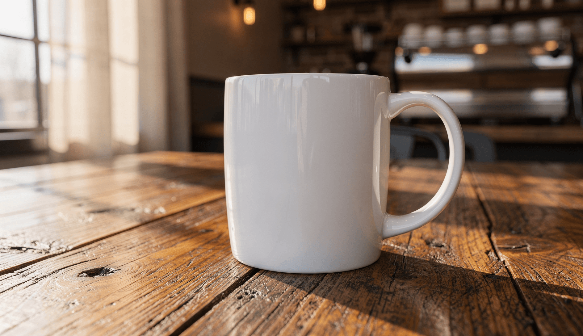 White Ceramic Magic Mug Mockup - Café Setting