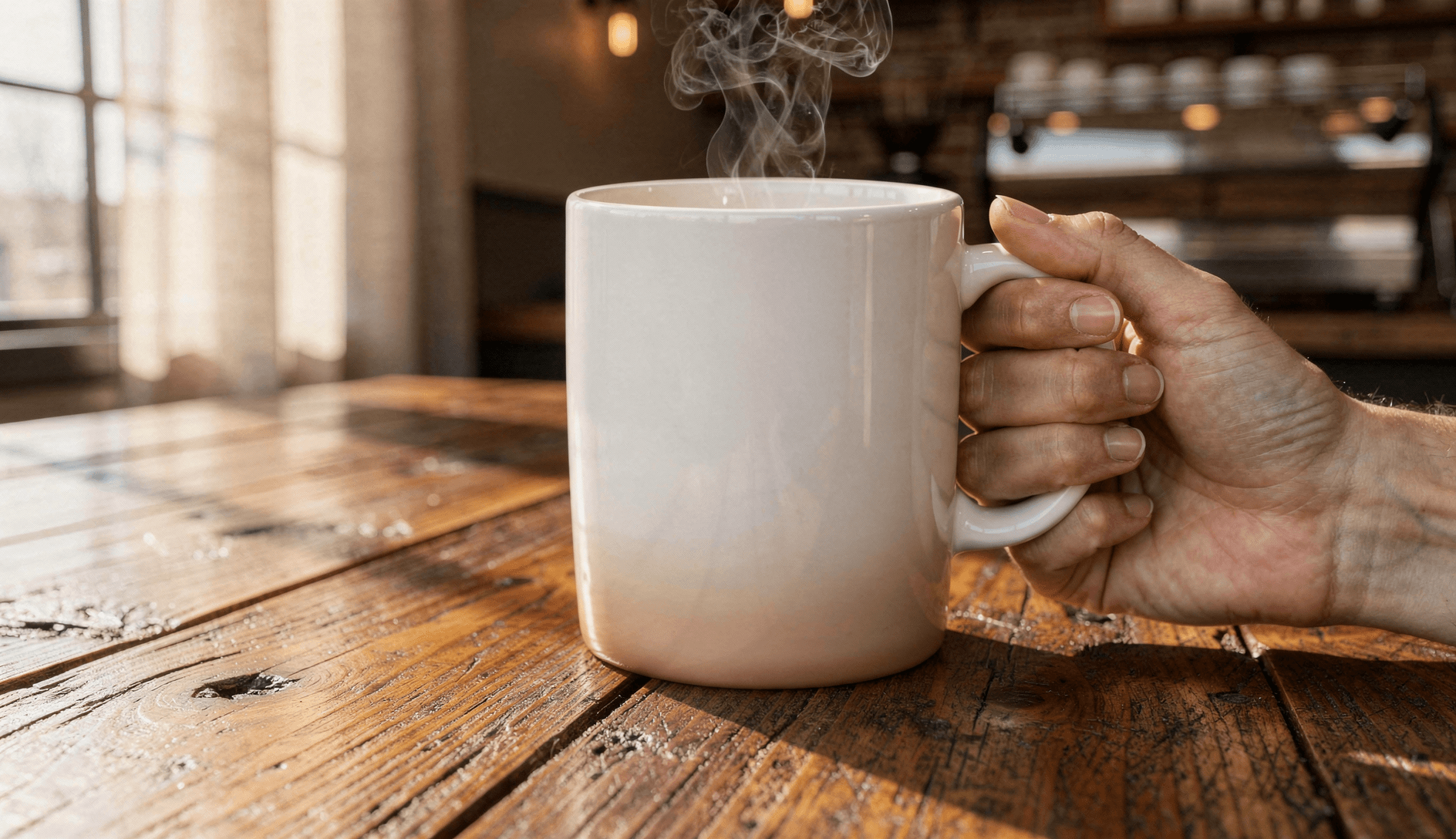 White Ceramic Magic Mug Mockup - Café Setting — Lifestyle In-Hand Shot