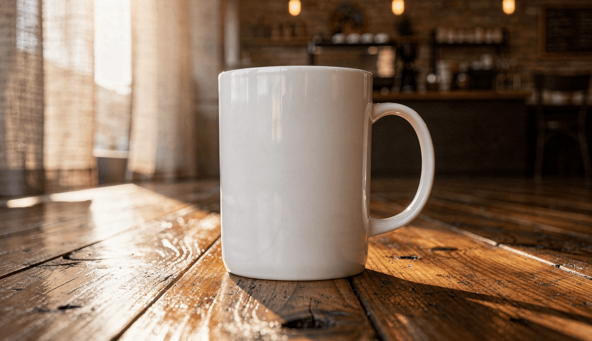 White Ceramic Magic Mug Mockup - Café Setting — Straight-On Front View