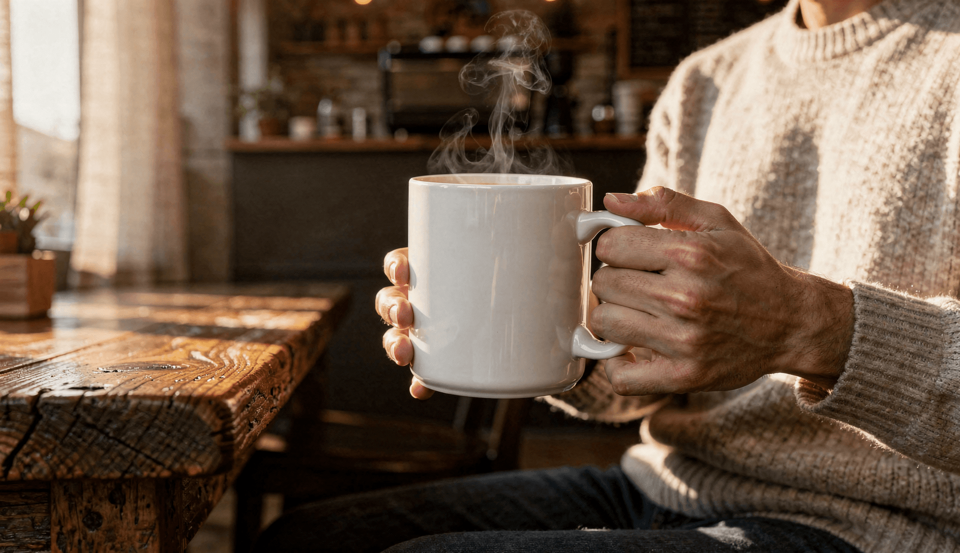 White Ceramic Magic Mug Mockup - Café Setting — Lifestyle In-Hand Shot