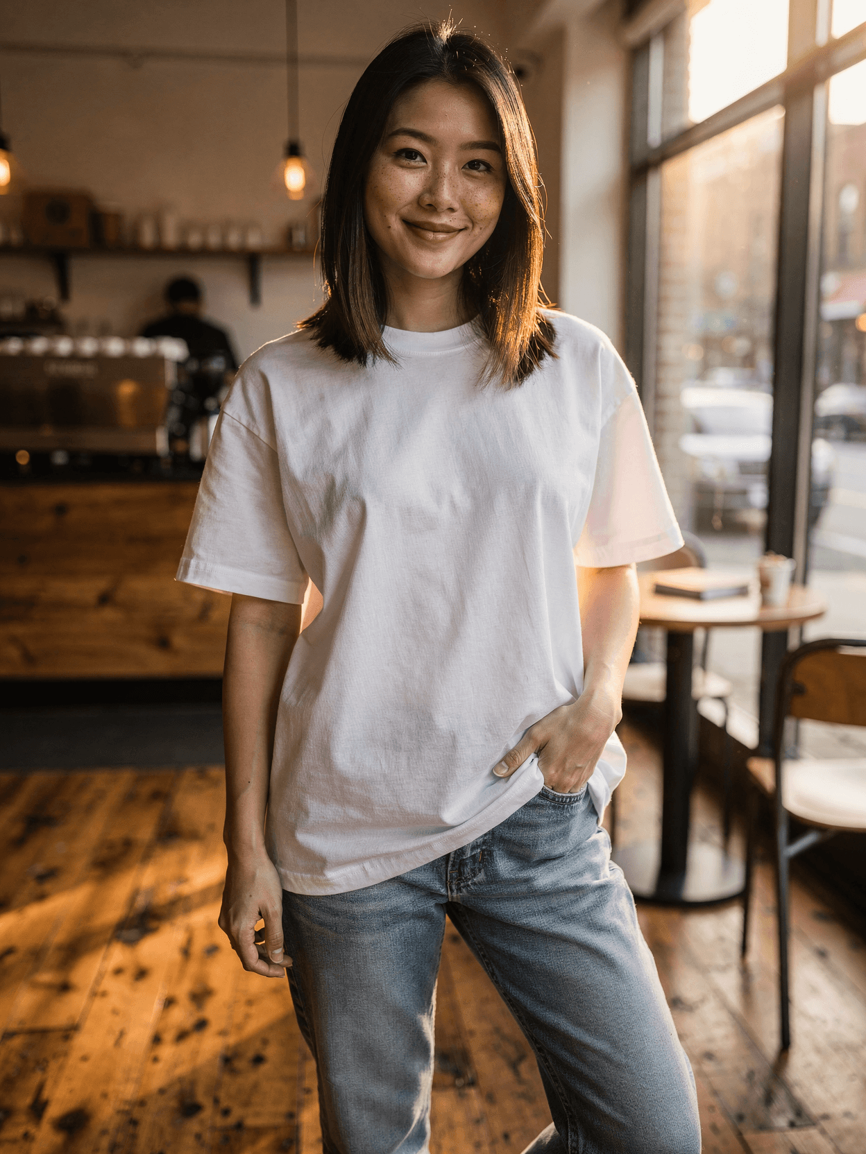 White Oversized Tee Mockup on Female Model - Cafe