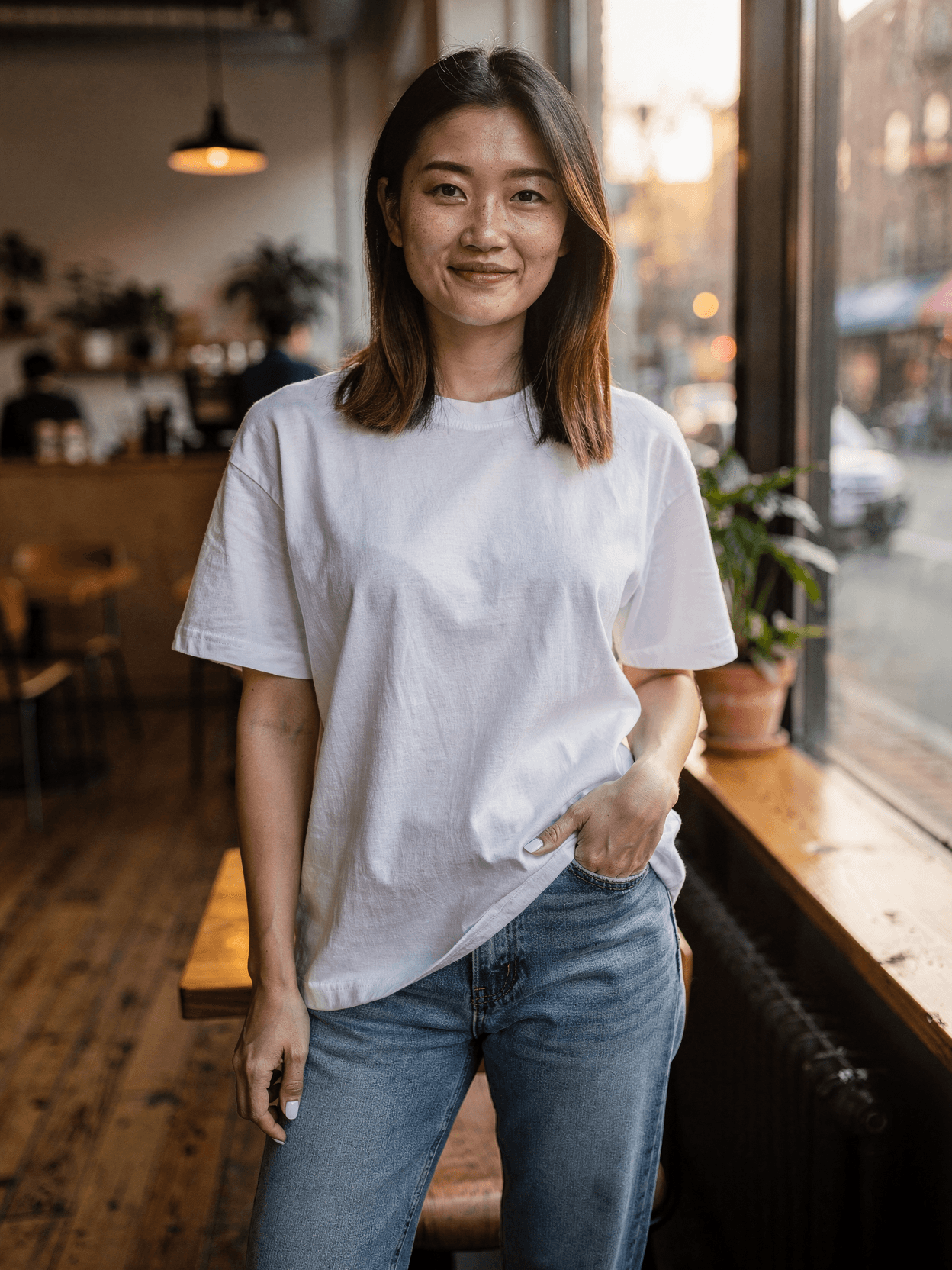 White Bella Canvas 3001 Oversized Tee on Female Model