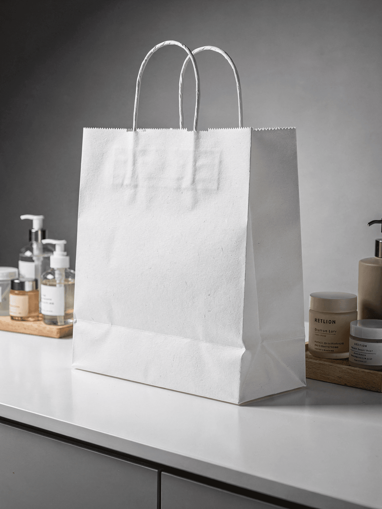 White Paper Shopping Bag Mockup - Bathroom Vanity