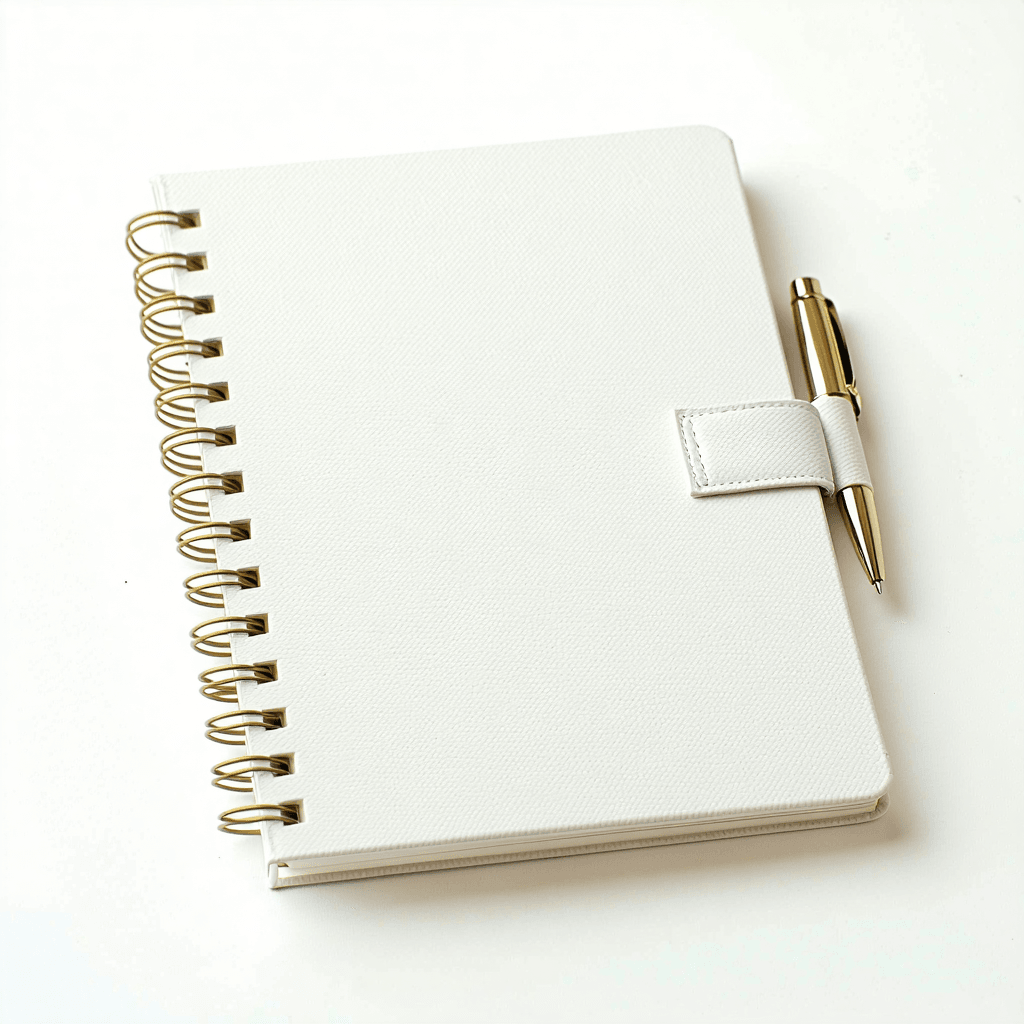 White Spiral Planner Mockup with Gold Wire-O Binding
