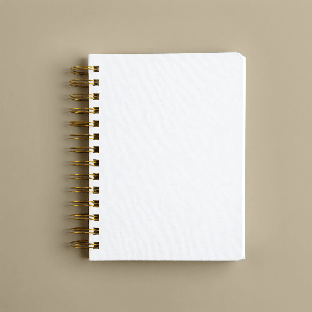 White Spiral Planner Mockup - Gold Wire-O Binding