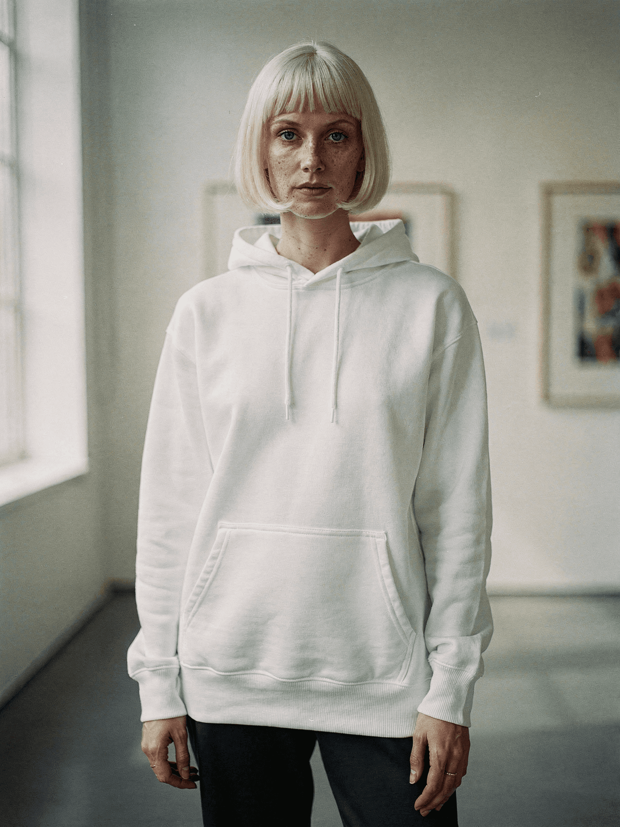 White Pullover Hoodie Mockup on Female Model