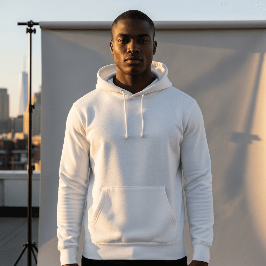 White Organic Cotton Pullover Hoodie on Male Model