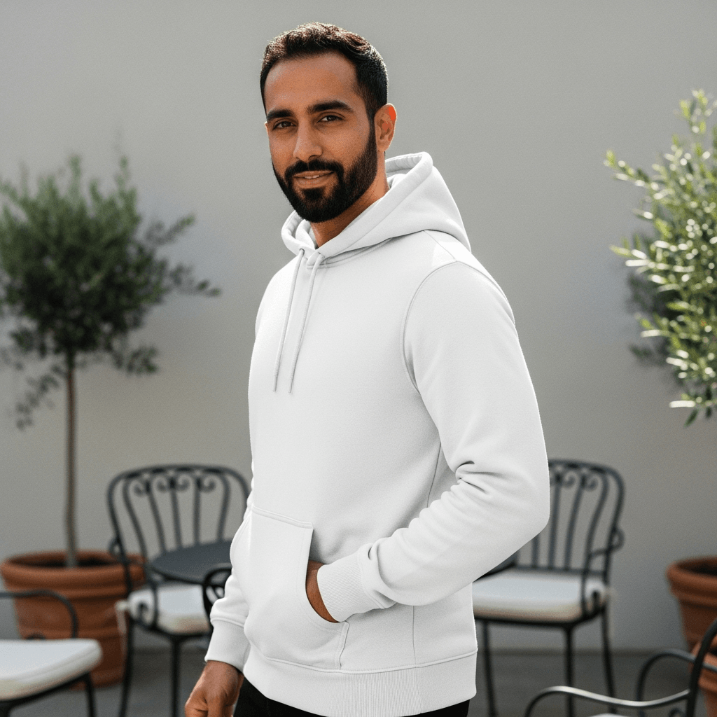 White Terry Cloth Pullover Hoodie on Male Model
